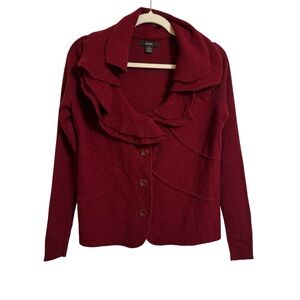 Alfani 100% Merino Wool Fairy Cardigan • Wine Red Ruffle Jacket • Size Medium